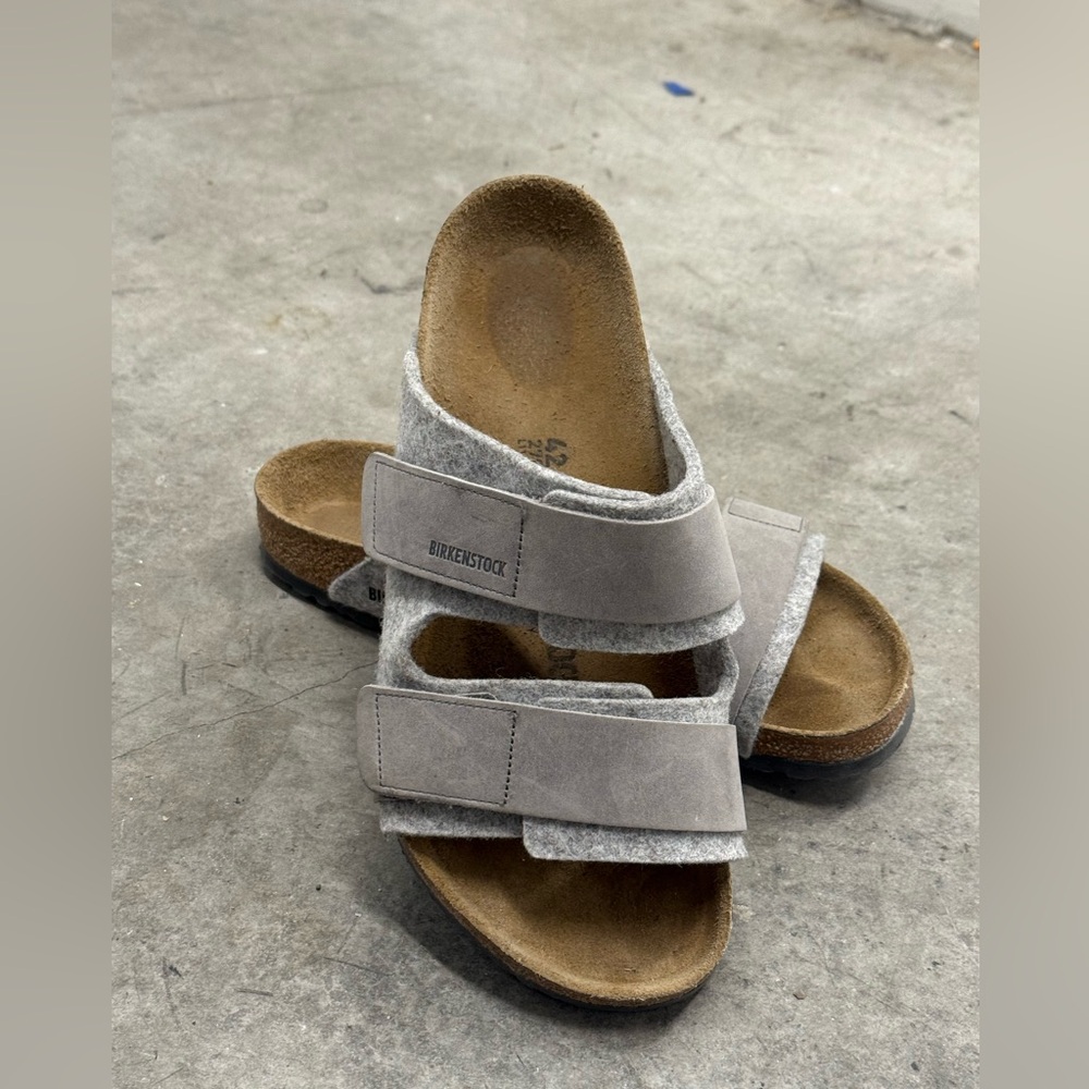 Birkenstock Light Gray Suede Two-Strap Slide Sandals